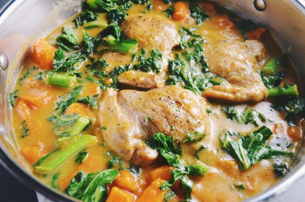 Coconut Braised Chicken Thighs with Kale and Sweet Potatoes