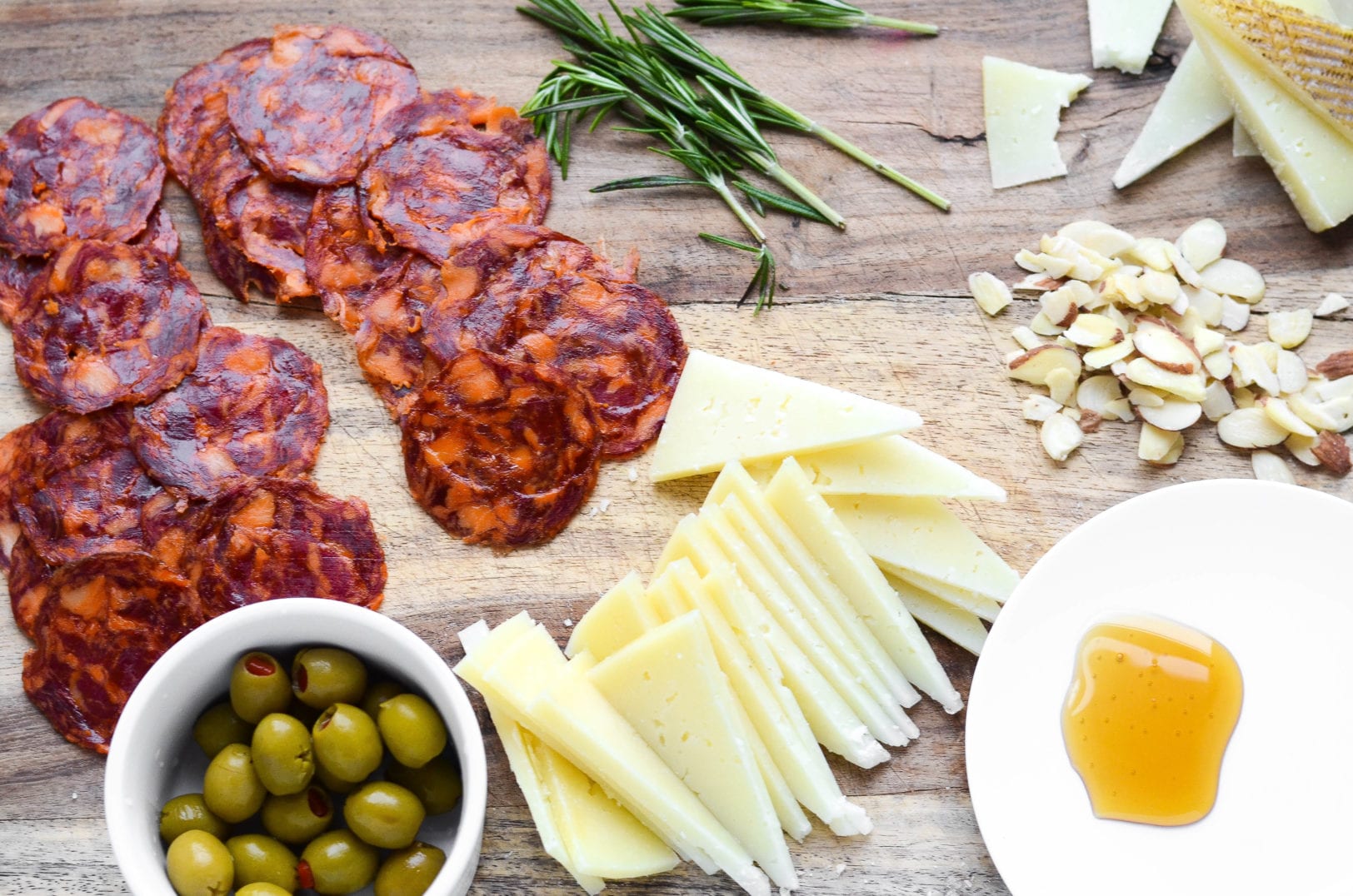 Chorizo, Manchego and Olive Skewers