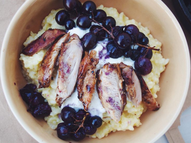 Parmesan Risotto with Balsamic Glazed Chicken Thighs and Roasted Grapes