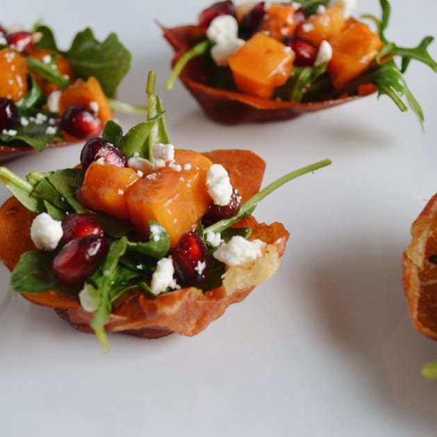 Prosciutto Salad Cups with Pomegranate and Persimmon 