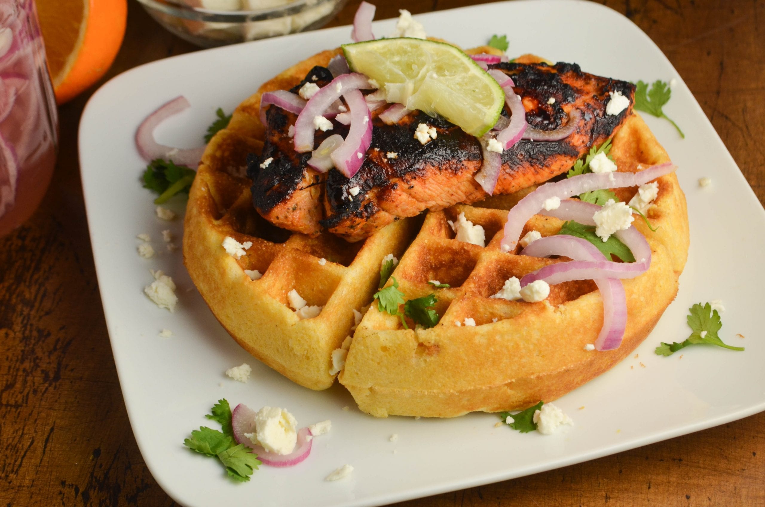 Pollo Asado & Cornmeal Waffles with Tequila Lime Maple Syrup My