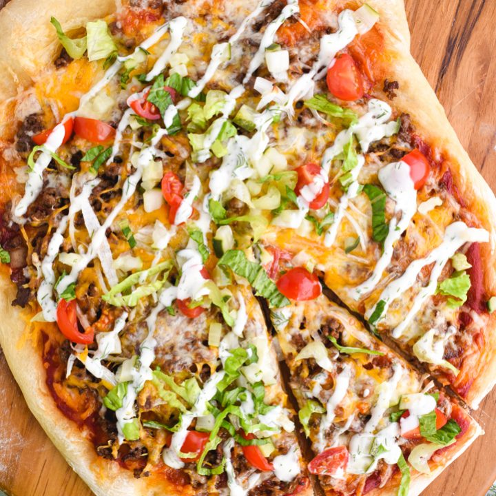 Bacon Cheeseburger Pizza with Dill Pickle Aioli