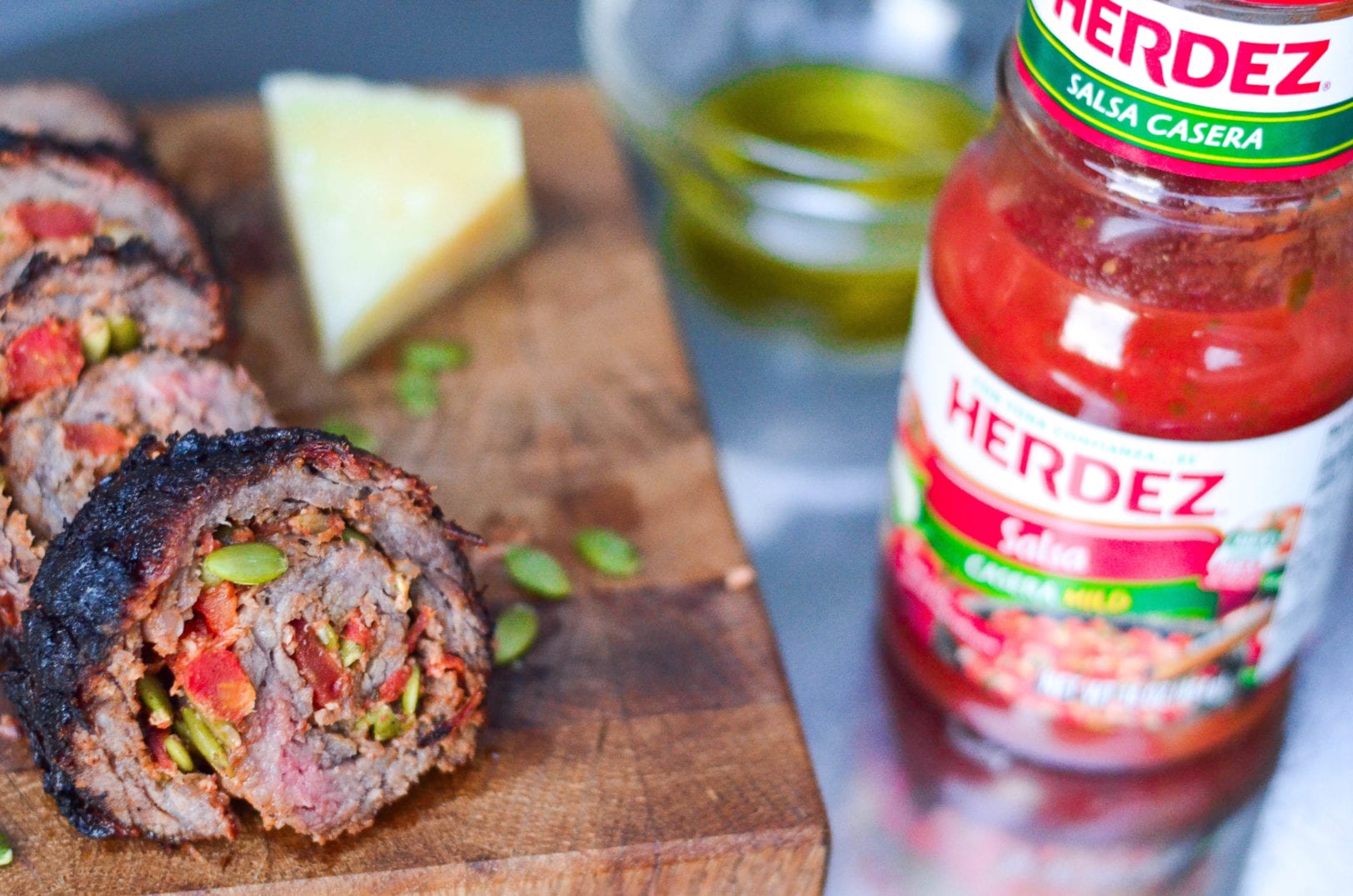Steak Roll-ups With Salsa Casera, Manchego and Pepitas