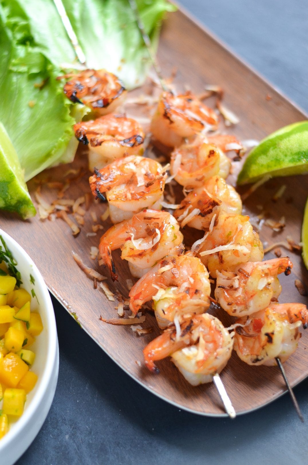Grilled Shrimp Lettuce Wraps with Sweet Chili Sauce, Mango, and Toasted Coconut
