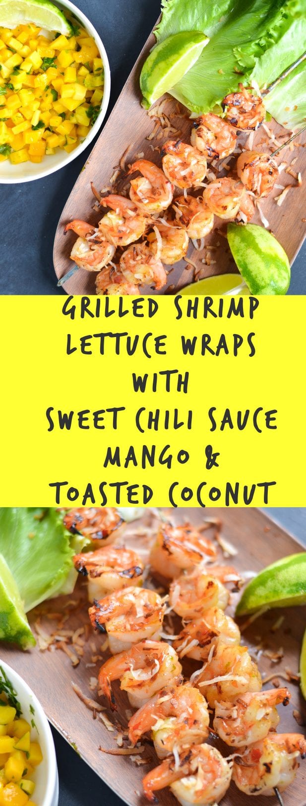 Grilled Shrimp Lettuce Wraps with Sweet Chili Sauce, Mango, and Toasted Coconut