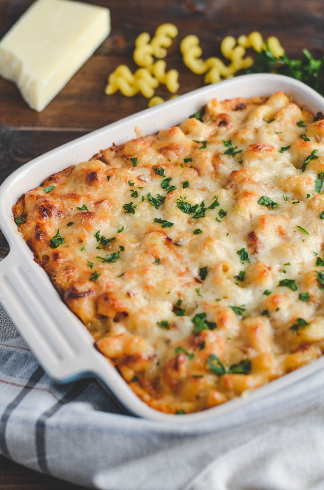 baked macaroni and cheese in a casserole dish