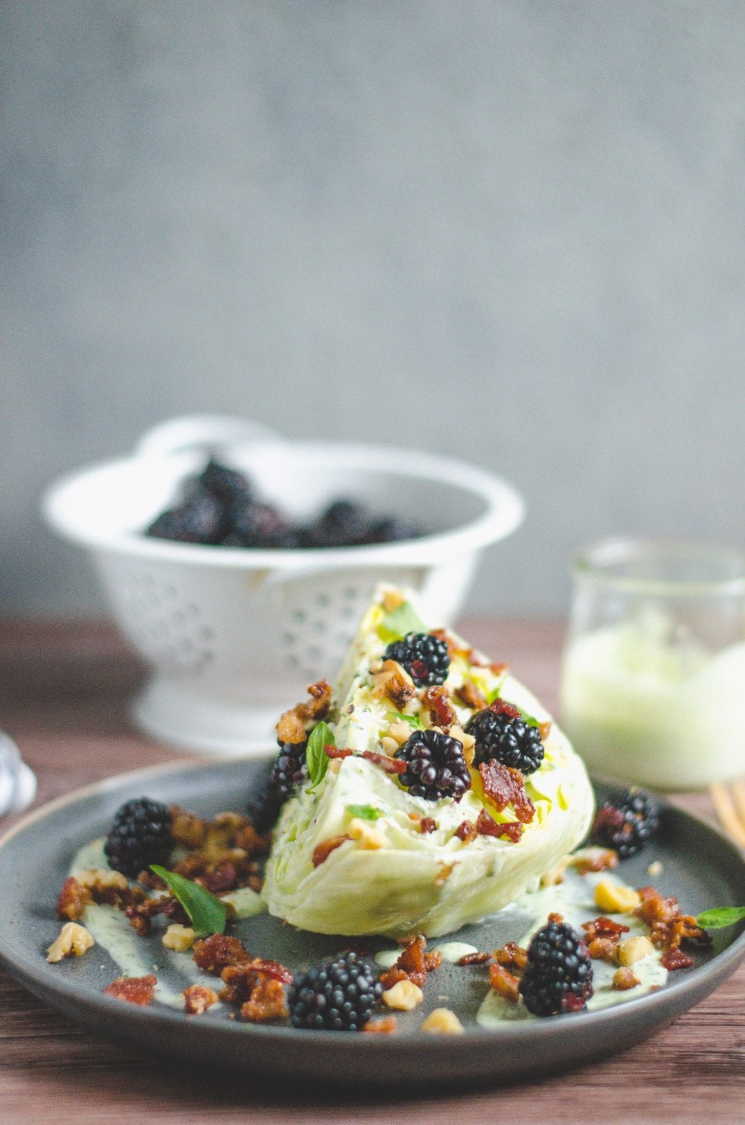 Wedge Salad with Candied Bacon, Walnuts, Blackberries & Basil Ranch