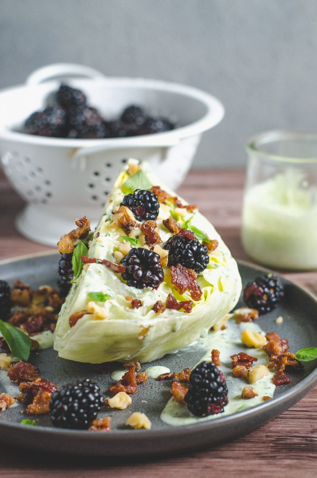 Wedge Salad with Candied Bacon, Walnuts, Blackberries & Basil Ranch