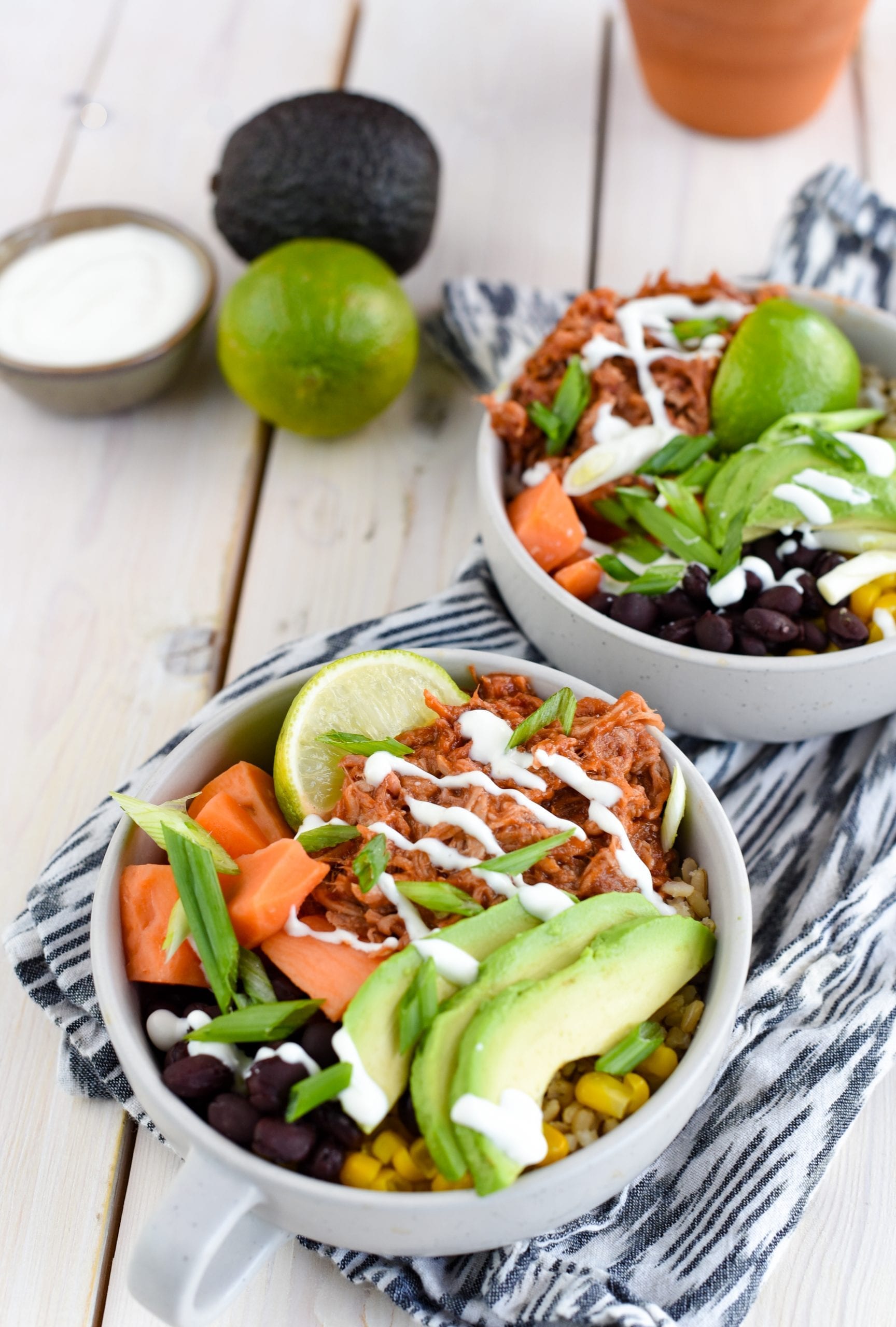 BBQ Pulled Pork Rice Bowls with Sweet Potatoes, Black Beans & Corn My