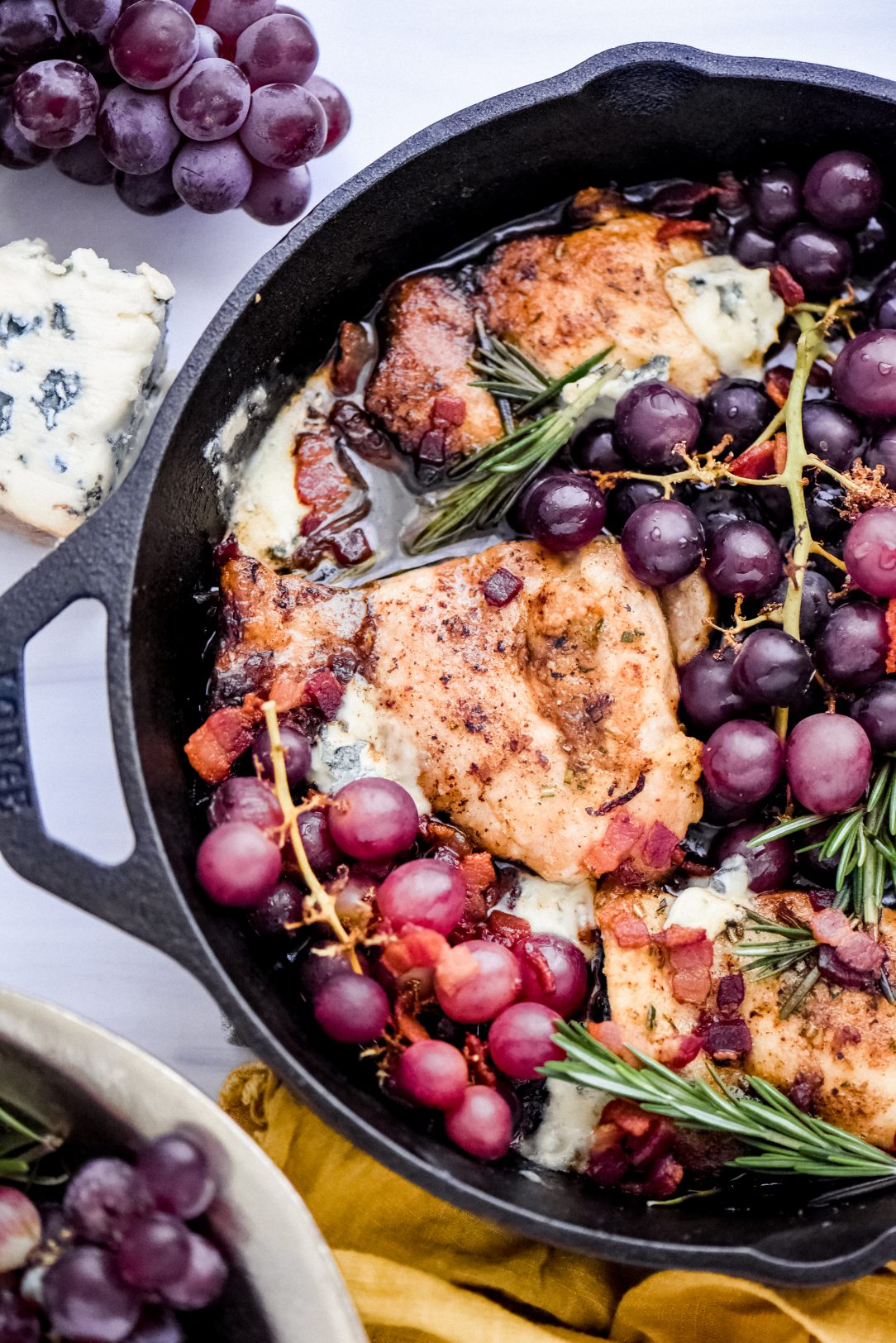 Skillet-Braised Thighs with Grapes and Blue Cheese