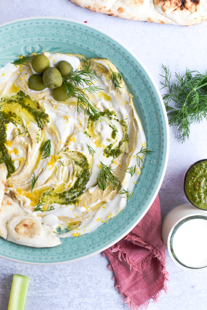 Creamy Hummus with Whipped Feta Dip in a serving bowl