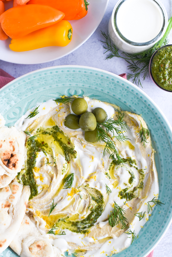 Creamy Hummus with Whipped Feta Dip in a large bowl